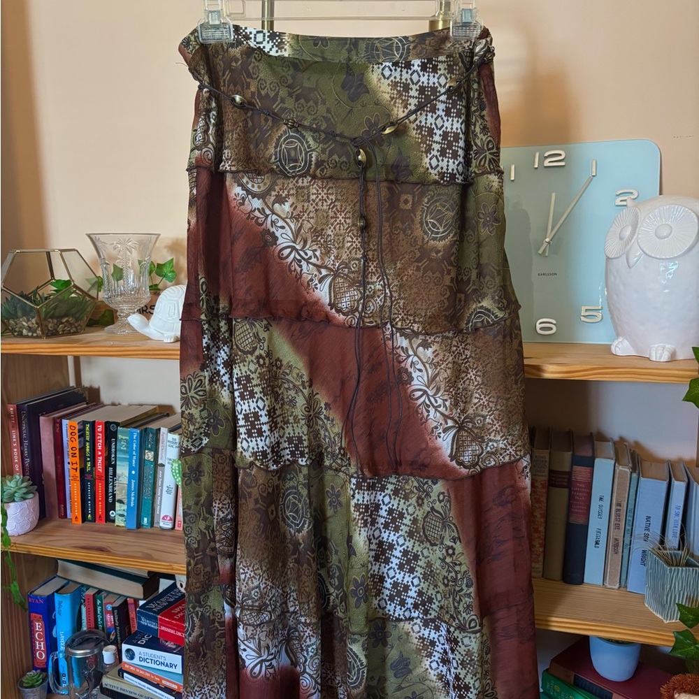 Bohemian Patchwork Maxi Skirt in Green and Brown